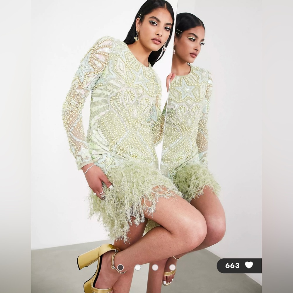ASOS Edition Pearl & Sequin Star Faux Feather Mini Dress Size 6
